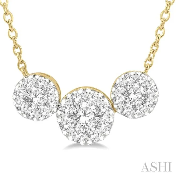 1 1/2 Ctw 3-Stone Lovebright Round Cut Diamond Necklace in 14K Yellow and White Gold