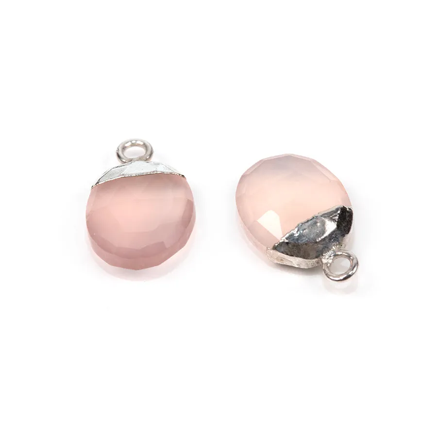 12.5mm Oval Gemstone Silver Electroplated Charm - Pink Chalcedony (1 Pair)