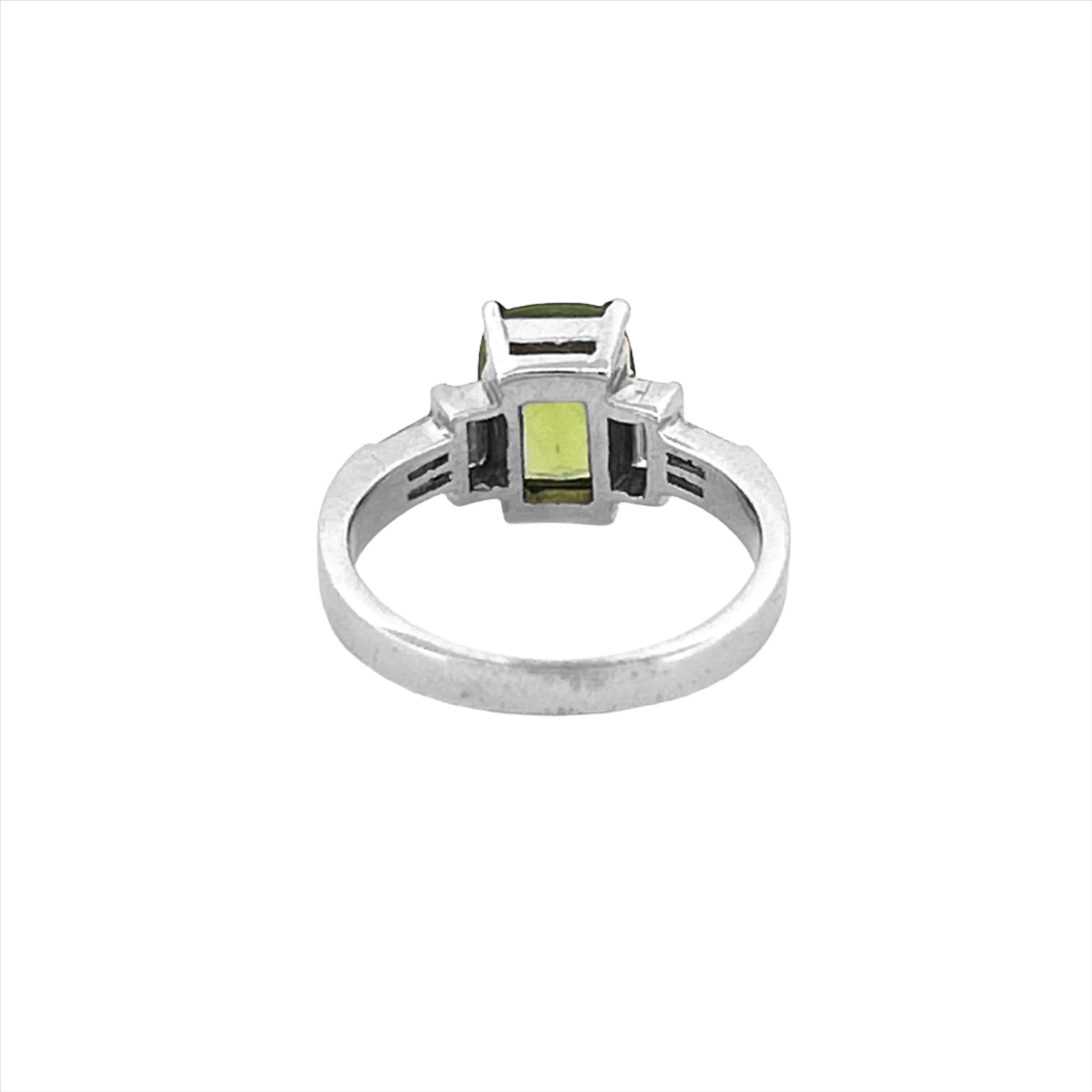 14K Gold Three Stone Style 2.00 Carat Elongated Cushion Peridot Engagement Ring