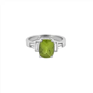 14K Gold Three Stone Style 2.00 Carat Elongated Cushion Peridot Engagement Ring