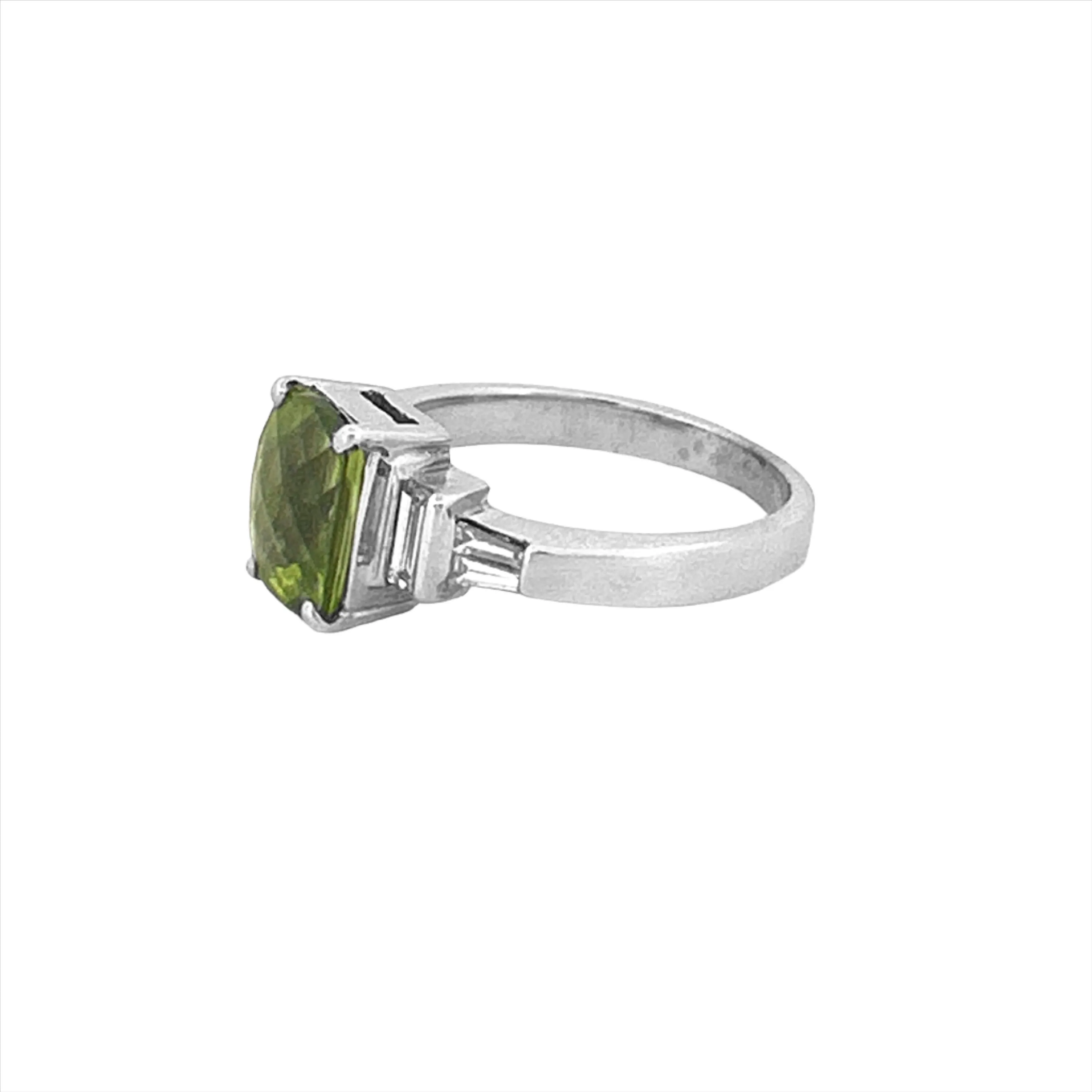 14K Gold Three Stone Style 2.00 Carat Elongated Cushion Peridot Engagement Ring