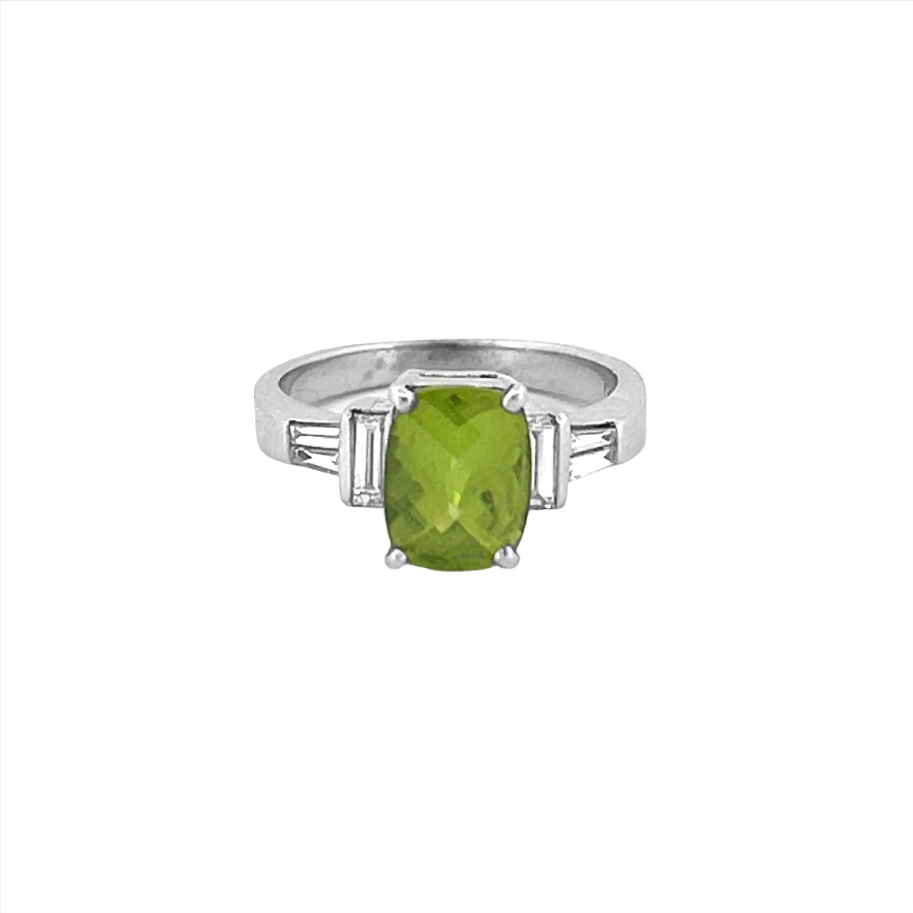 14K Gold Three Stone Style 2.00 Carat Elongated Cushion Peridot Engagement Ring