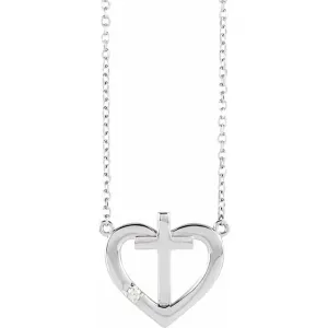 14K White Gold .015 CT Natural Diamond Heart & Cross 18" Necklace