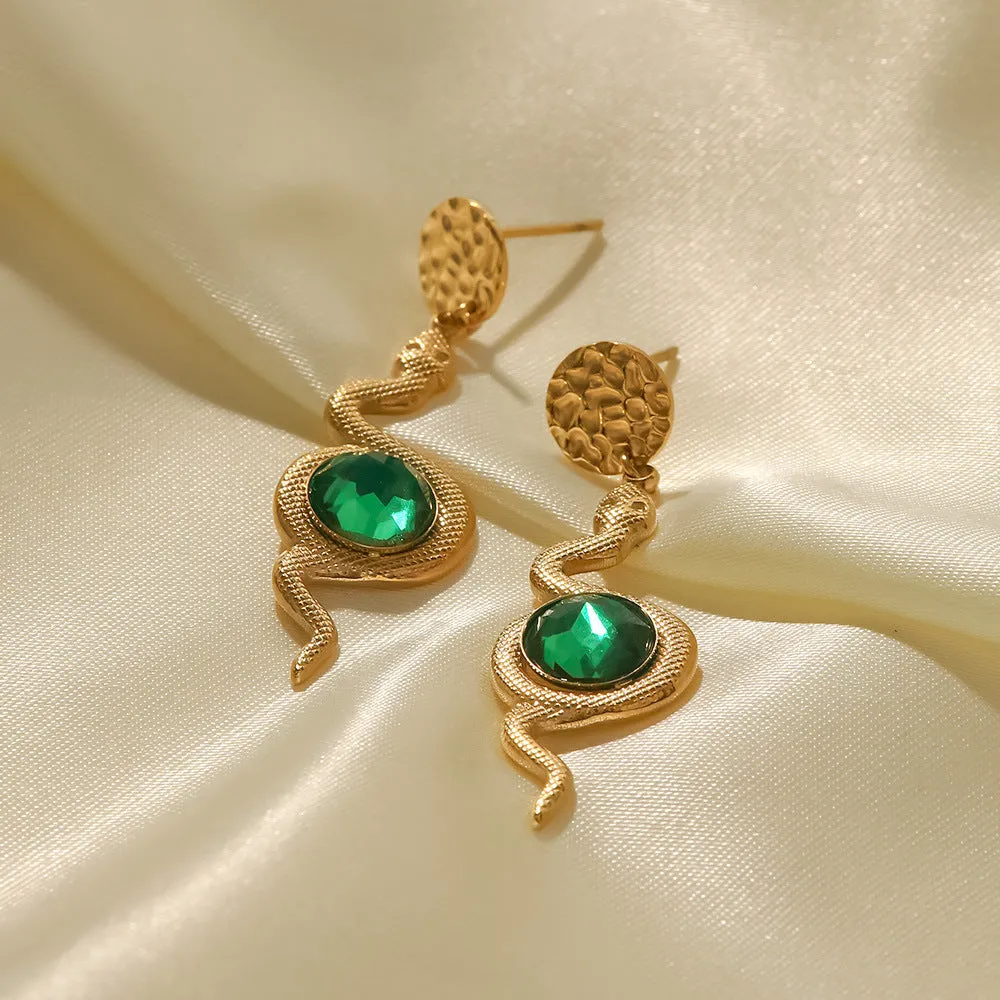 18k Gold Plated Green Zircon Hammered Serpentine Drop Earrings