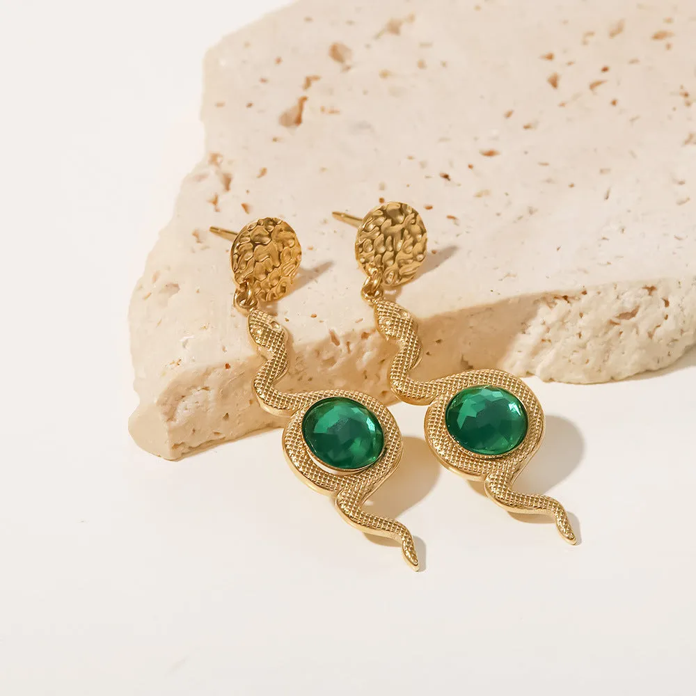 18k Gold Plated Green Zircon Hammered Serpentine Drop Earrings