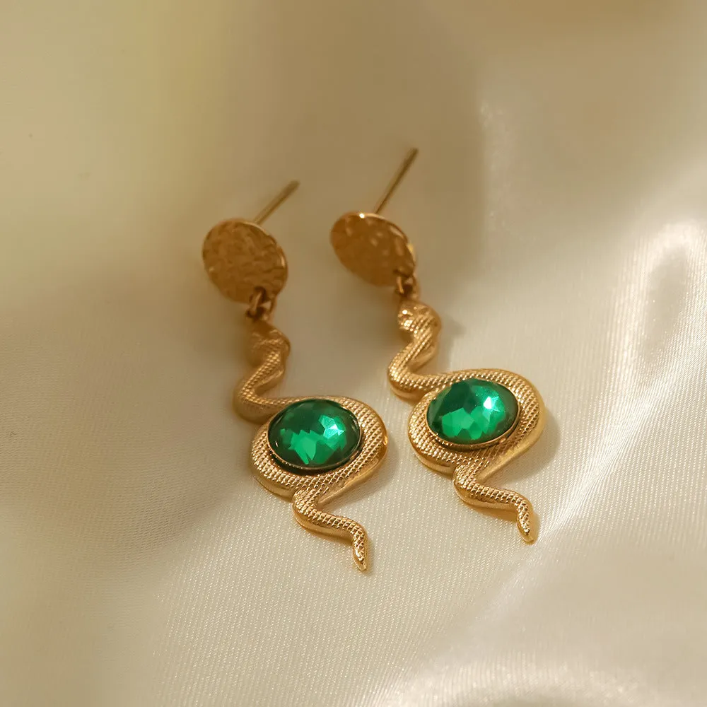 18k Gold Plated Green Zircon Hammered Serpentine Drop Earrings