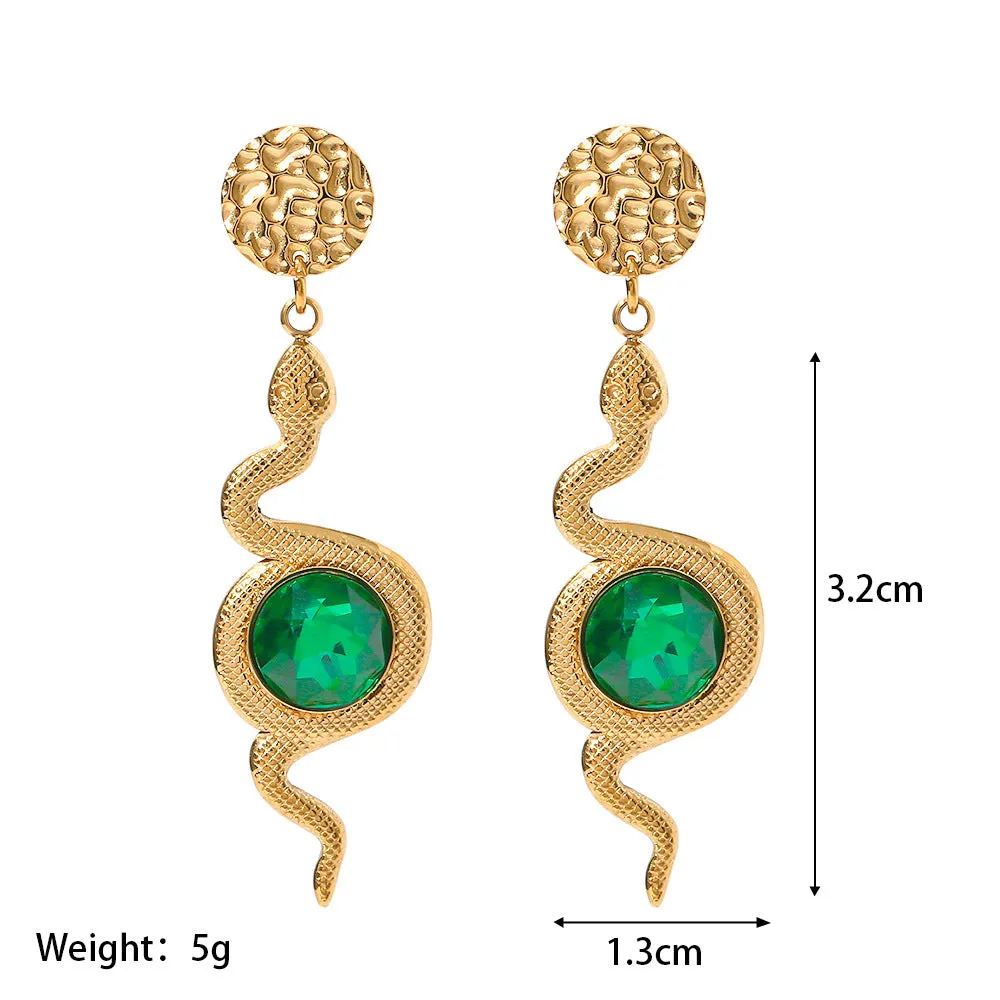 18k Gold Plated Green Zircon Hammered Serpentine Drop Earrings