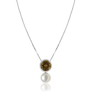 18K White gold necklace with diamonds and olive center tourmaline