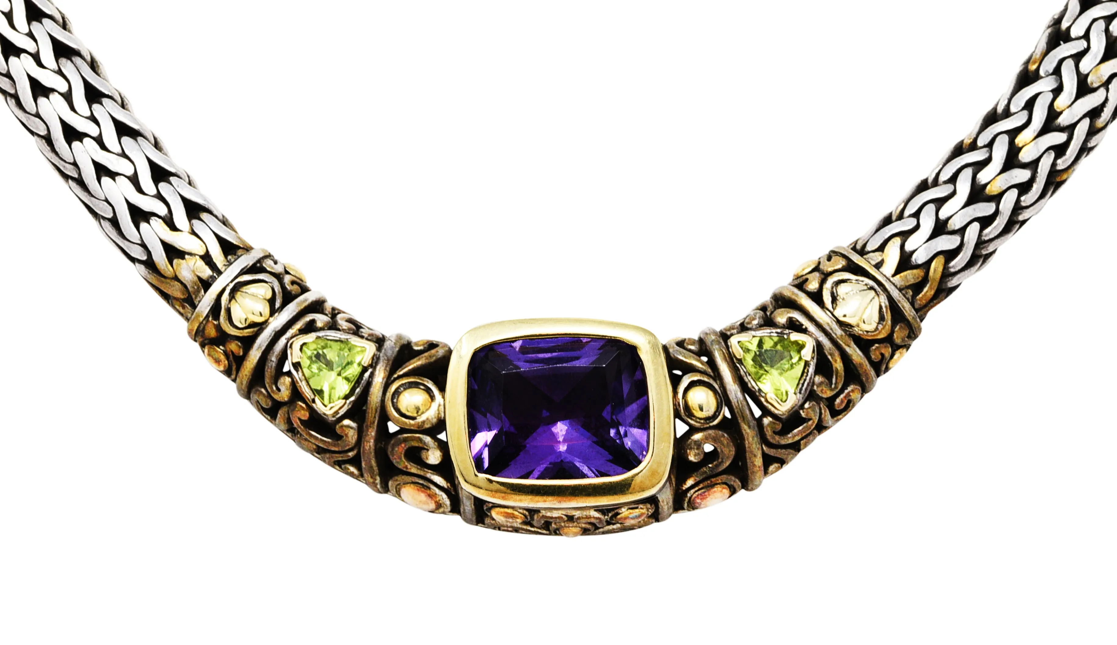 1990s John Hardy Amethyst Peridot 18 Karat Gold Sterling Silver Batu Sari Wheat Chain Necklace