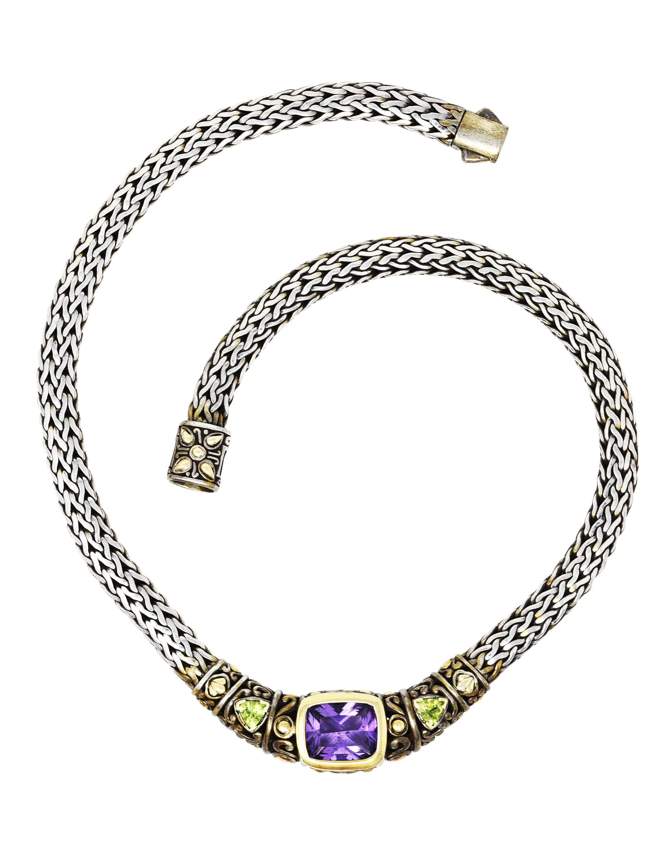 1990s John Hardy Amethyst Peridot 18 Karat Gold Sterling Silver Batu Sari Wheat Chain Necklace