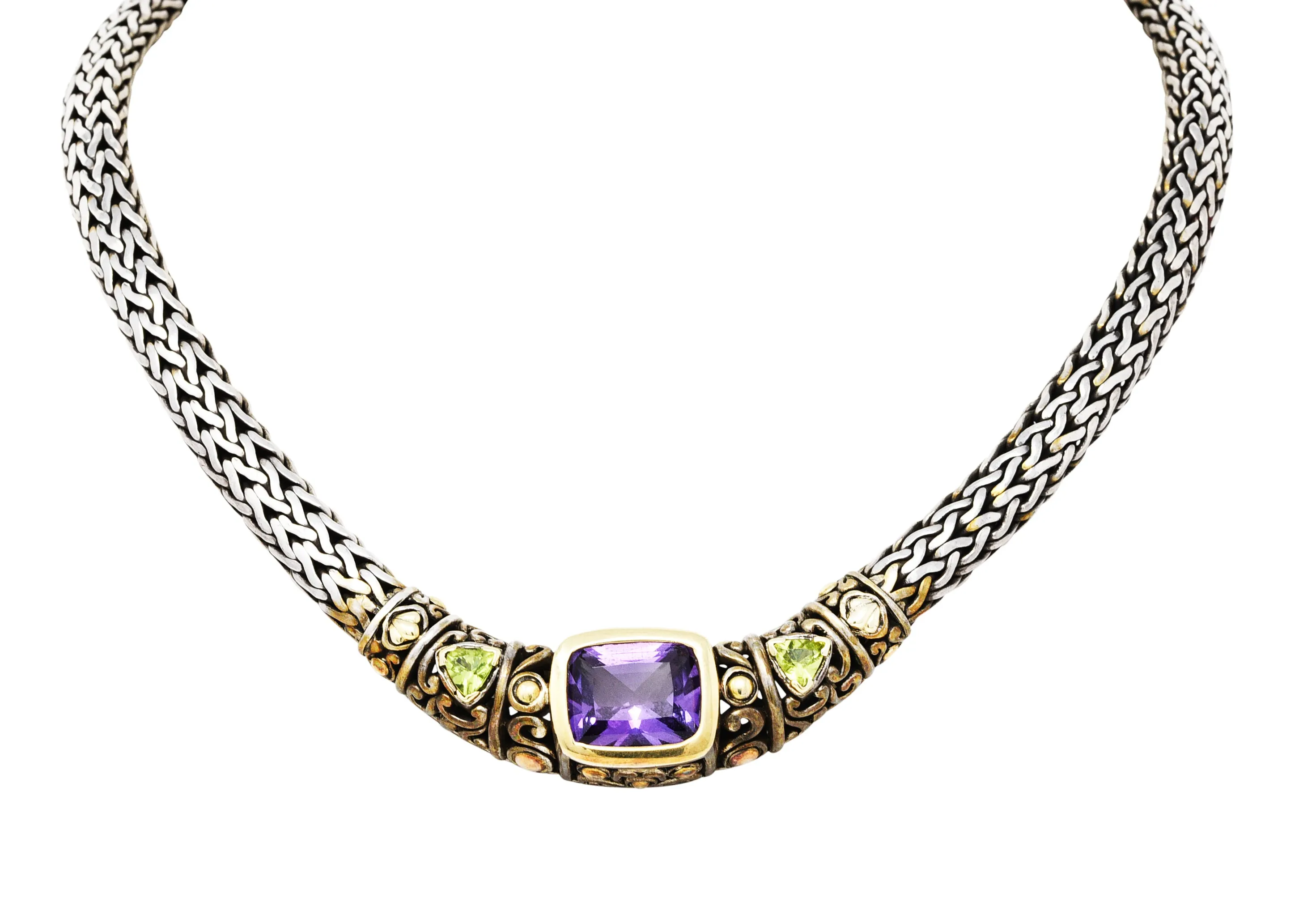 1990s John Hardy Amethyst Peridot 18 Karat Gold Sterling Silver Batu Sari Wheat Chain Necklace