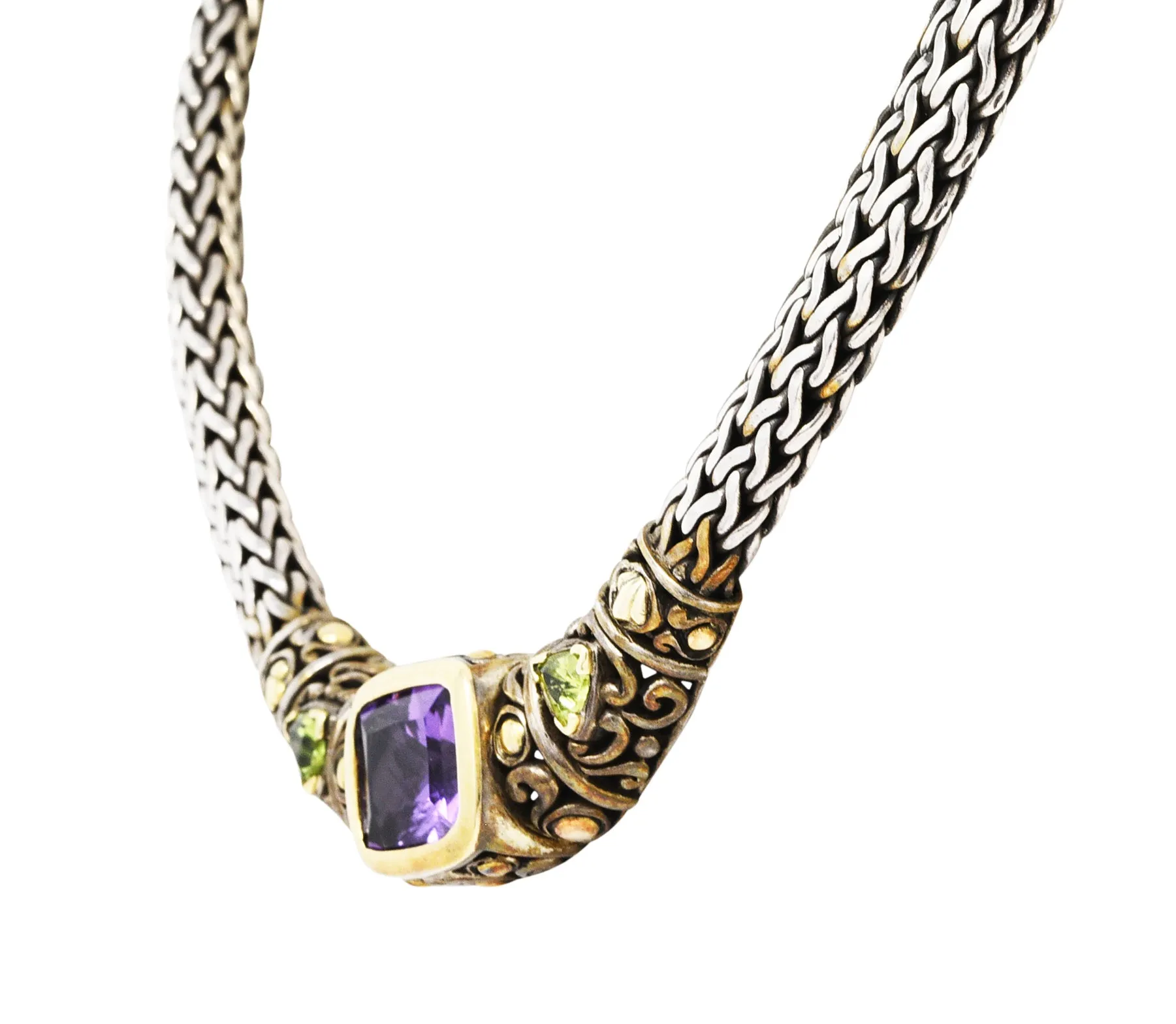 1990s John Hardy Amethyst Peridot 18 Karat Gold Sterling Silver Batu Sari Wheat Chain Necklace