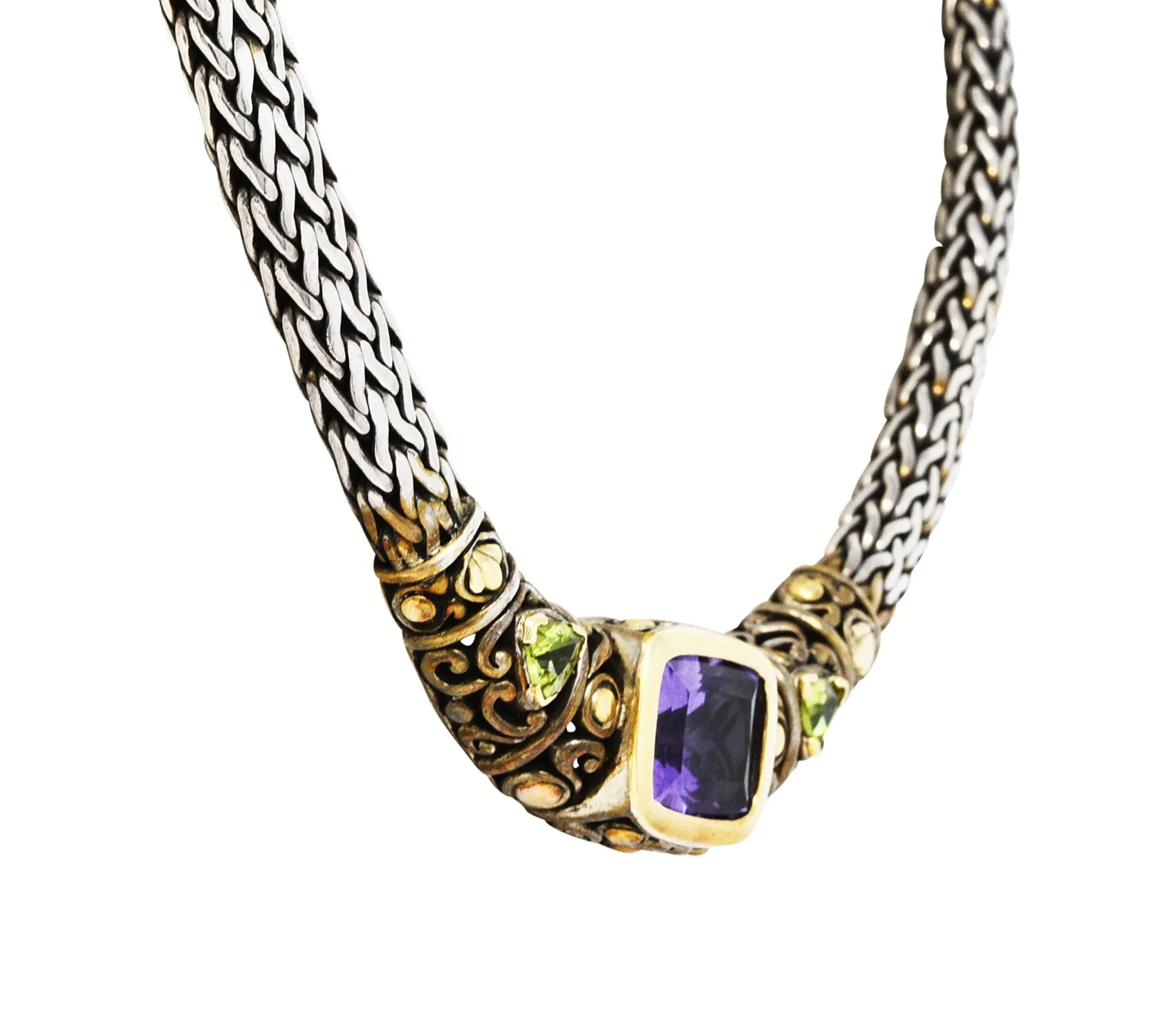 1990s John Hardy Amethyst Peridot 18 Karat Gold Sterling Silver Batu Sari Wheat Chain Necklace