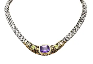 1990s John Hardy Amethyst Peridot 18 Karat Gold Sterling Silver Batu Sari Wheat Chain Necklace