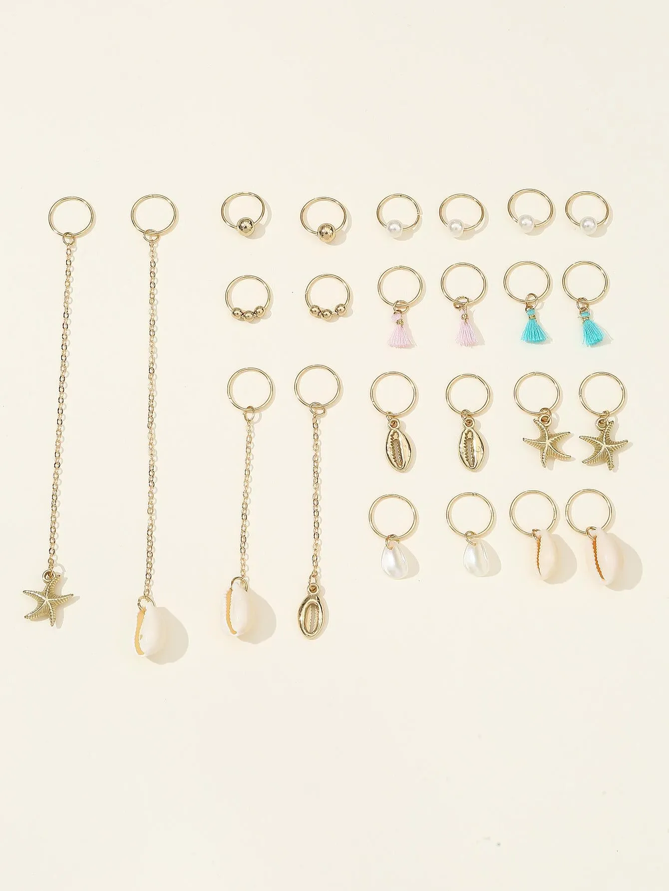 24pcs Star & Shell Charm Hair Ring Boho for Women Barrette Styling Hair