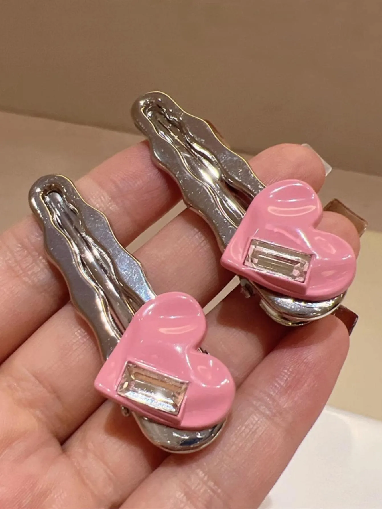 2pcs/Set Pink Wave Heart & Rhinestone Decor Hair Clips for Women Barrette