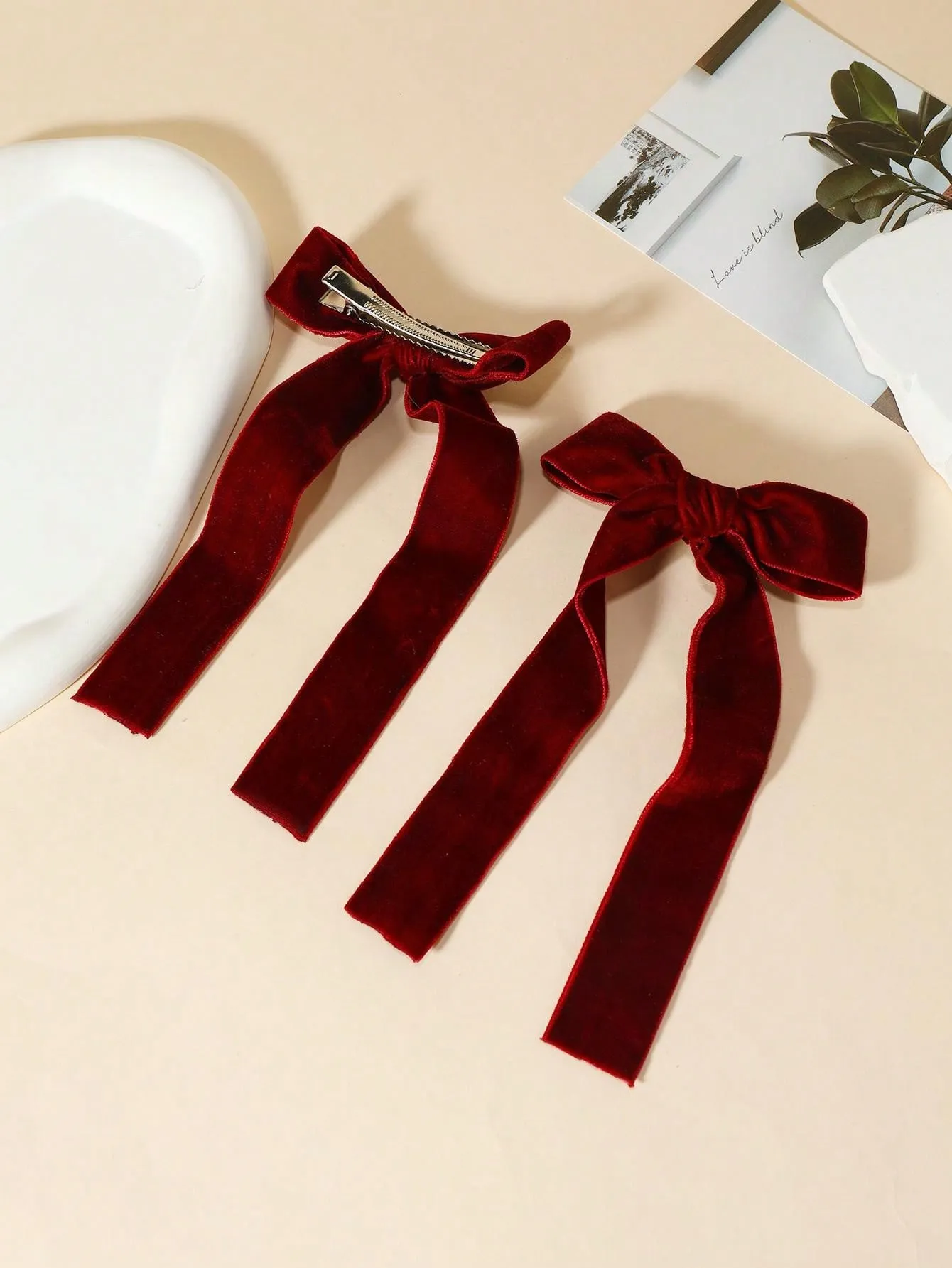 2pcs/Set Women's Simple Burgundy Bow Hair Clip for Women Barrette Styling Hair