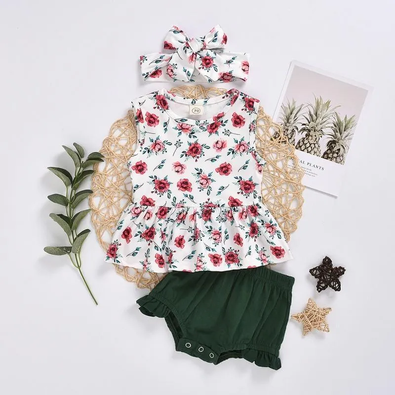 3-piece Floral Printed Dress & Shorts & Headband for Baby Girl