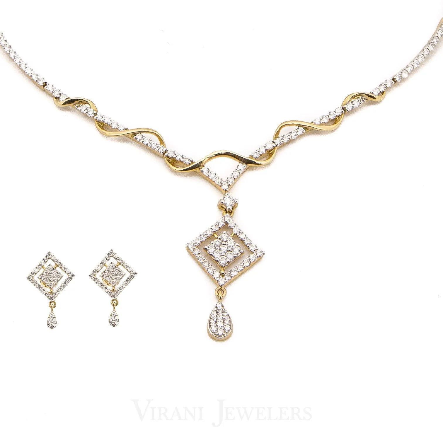 3.73CT Diamond Necklace and Earrings in 18K Yellow Gold W/ Double Diamond Frame Pendant