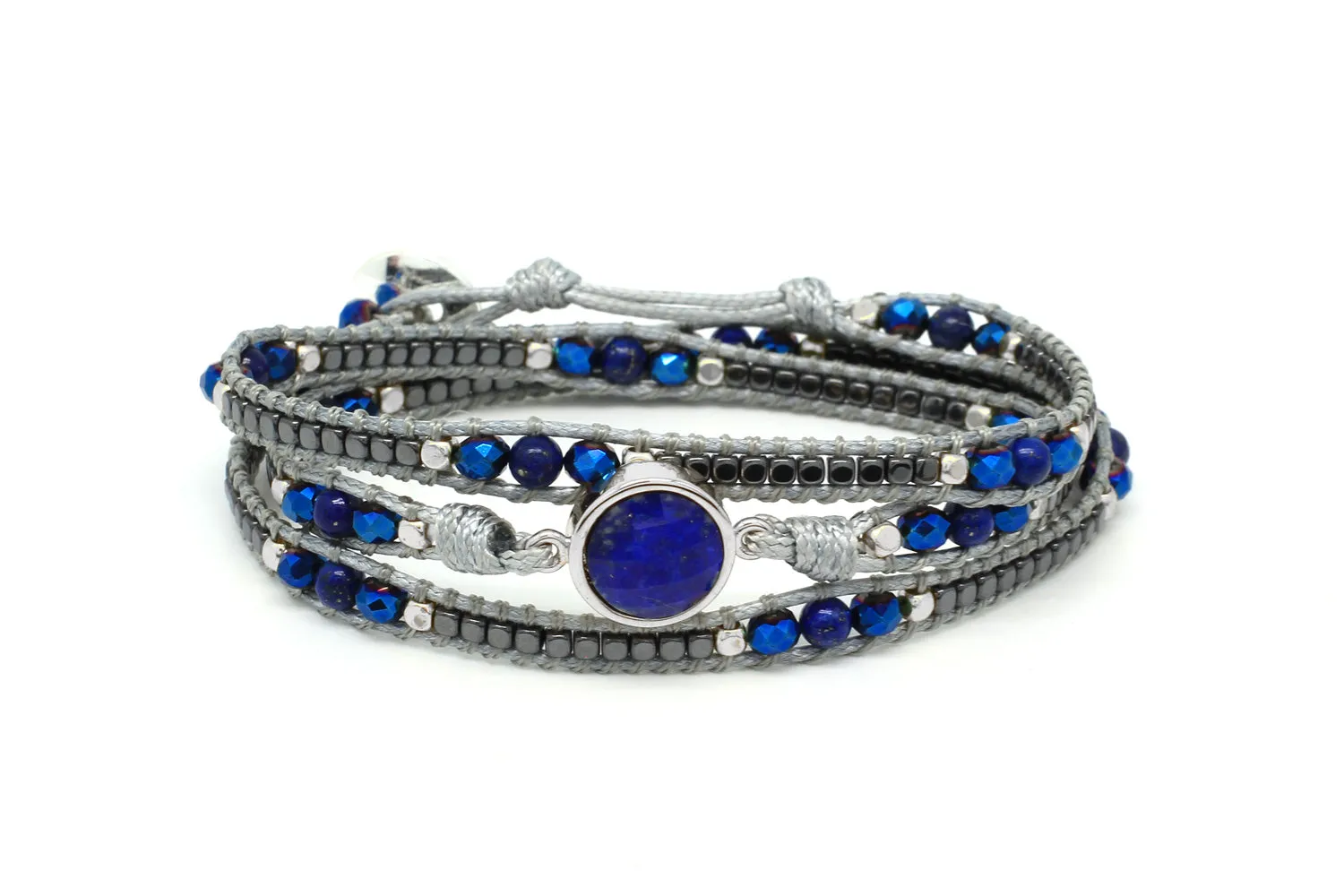 America Blue & Silver Lapis Lazuli Gemstone Wrap Bracelet