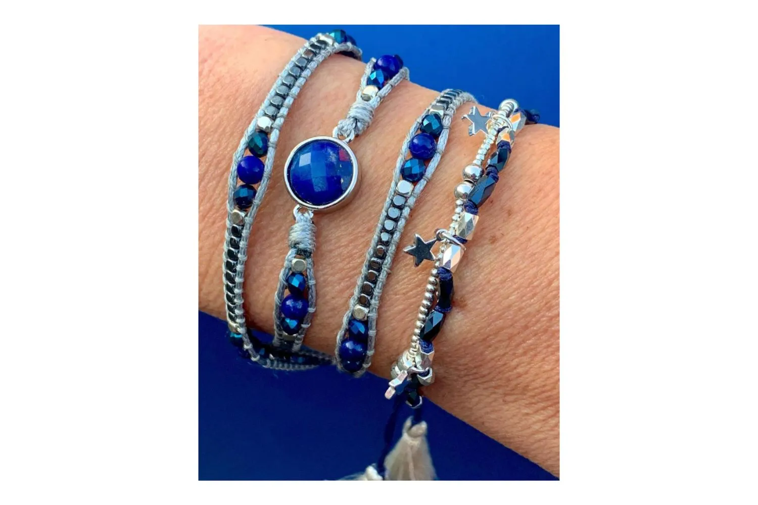 America Blue & Silver Lapis Lazuli Gemstone Wrap Bracelet