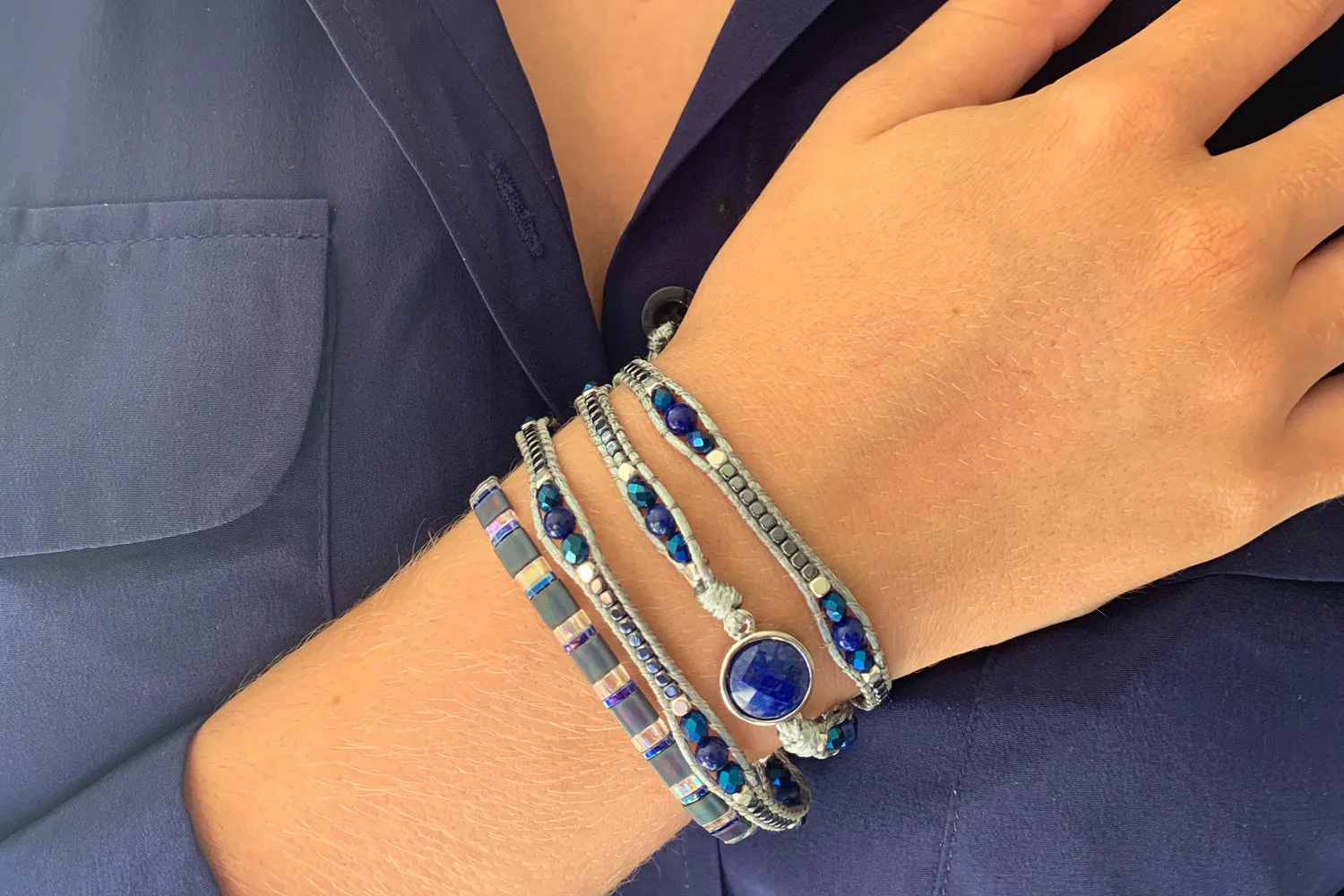 America Blue & Silver Lapis Lazuli Gemstone Wrap Bracelet