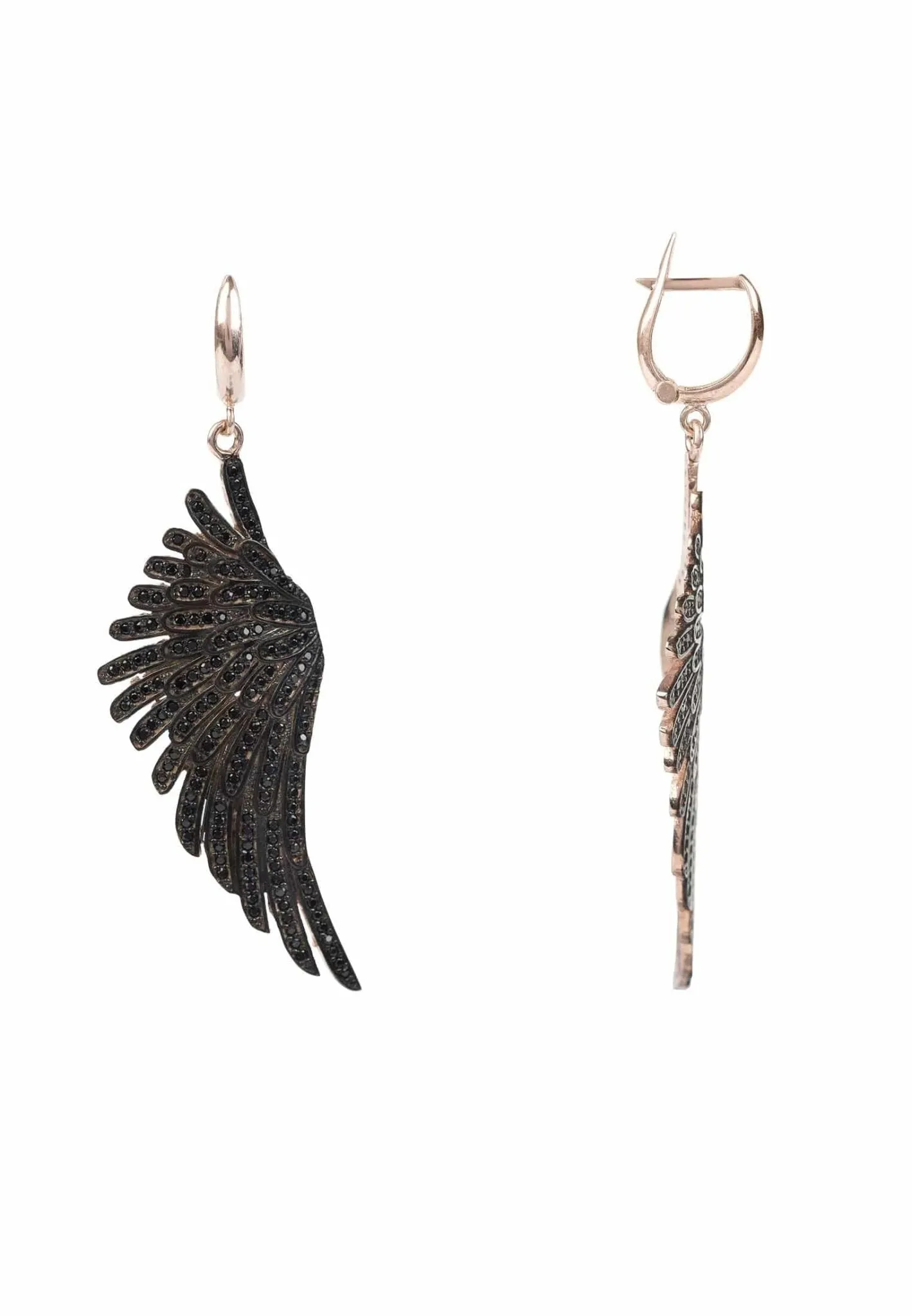 Angel Wing Drop Earrings Rosegold Black Cz