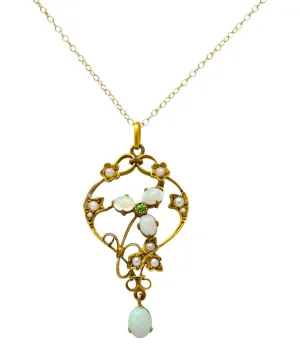 Art Nouveau Opal Demantoid Garnet Seed Pearl 14 Karat Gold Pendant Necklace