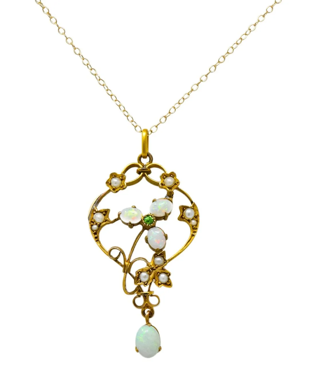 Art Nouveau Opal Demantoid Garnet Seed Pearl 14 Karat Gold Pendant Necklace