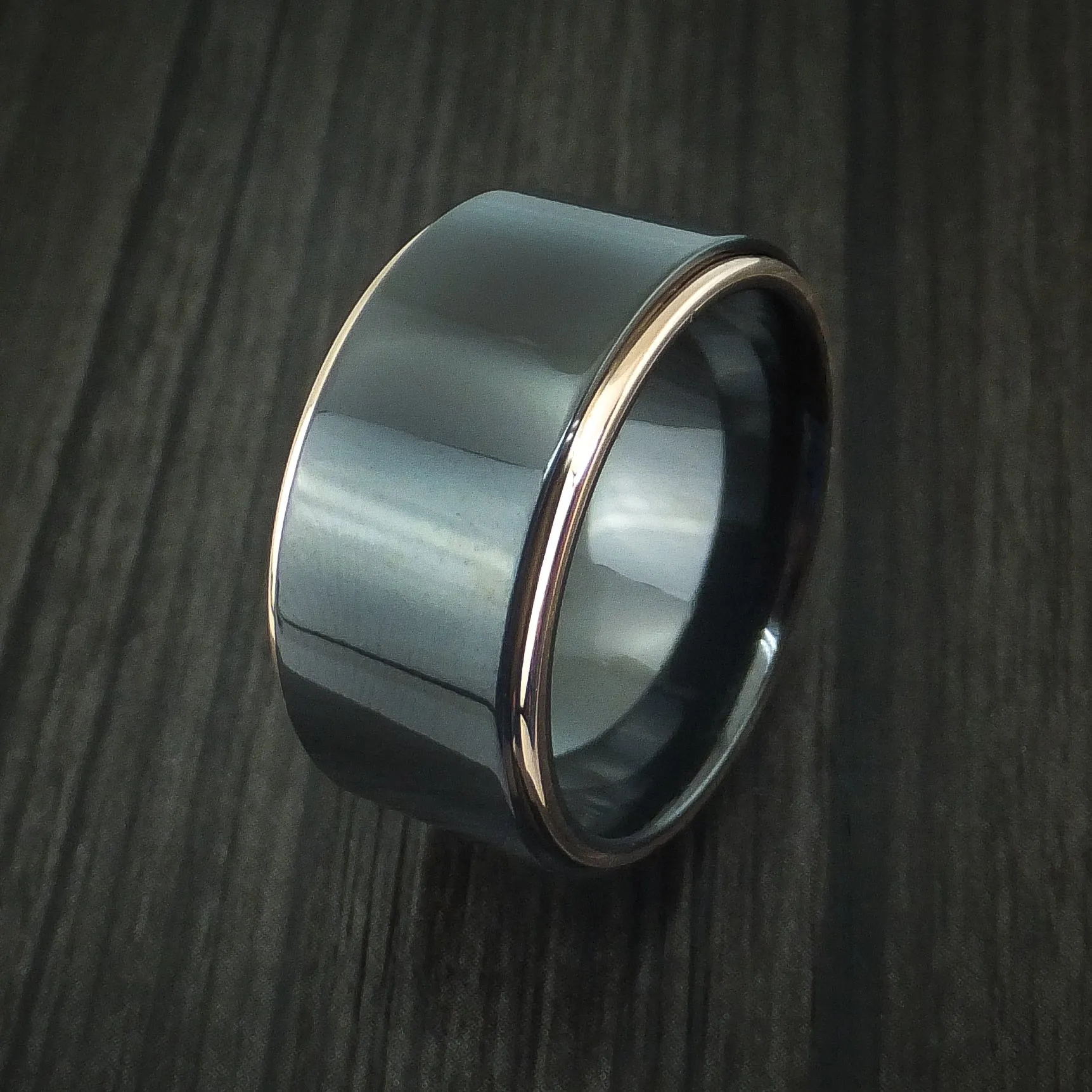 Black Titanium Men's Ring with 14K Rose Gold Edges Custom Made Band