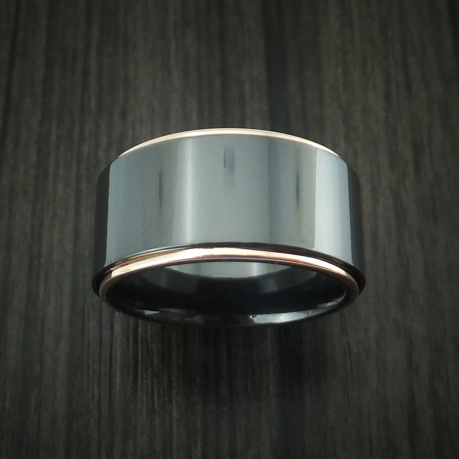 Black Titanium Men's Ring with 14K Rose Gold Edges Custom Made Band