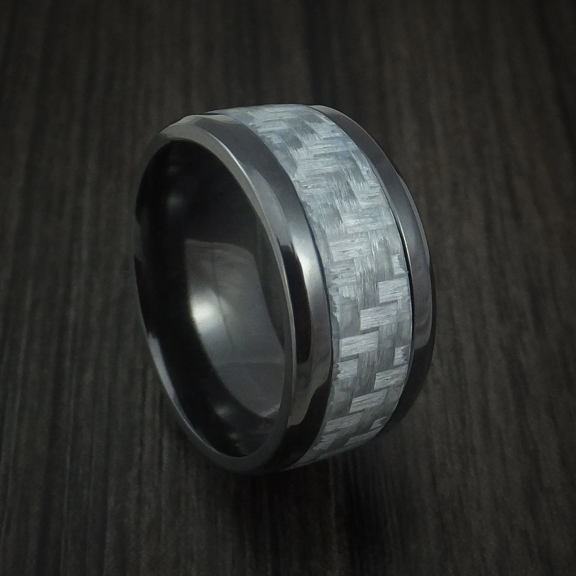 Black Titanium Men's Ring with Silver Carbon Fiber Inlay Style Weave Pattern