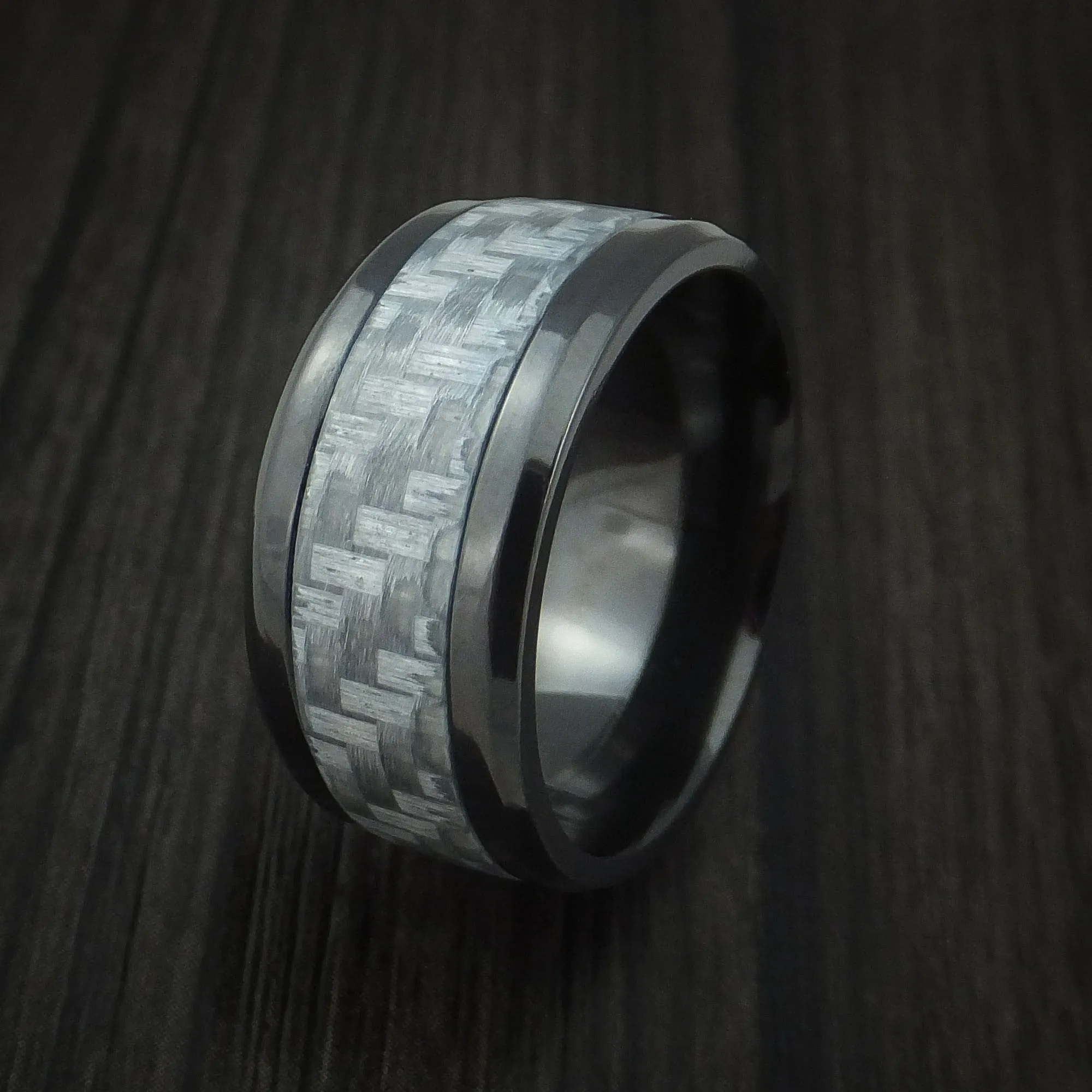 Black Titanium Men's Ring with Silver Carbon Fiber Inlay Style Weave Pattern