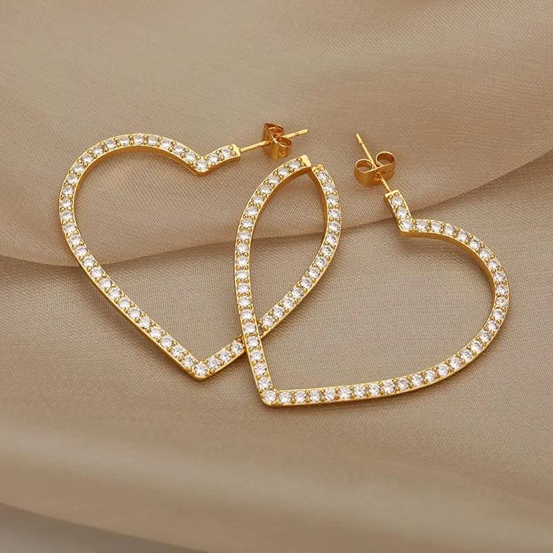 Bling Heart Hoop Earrings For Women Stainless Steel Cubic Zircon Female Large Heart Earring Party Jewelry Accessories Gift