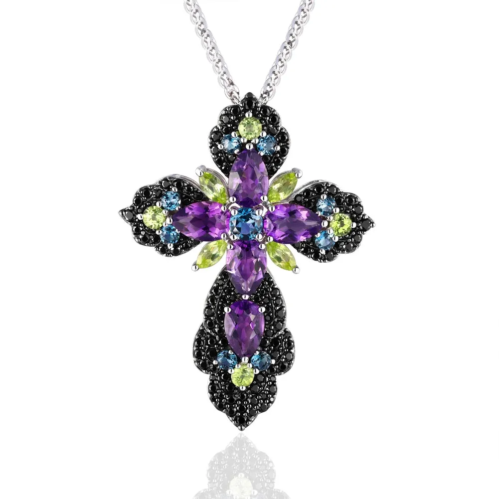 Bohemian Natural Multicolor Natural Gemstones Cross Necklace