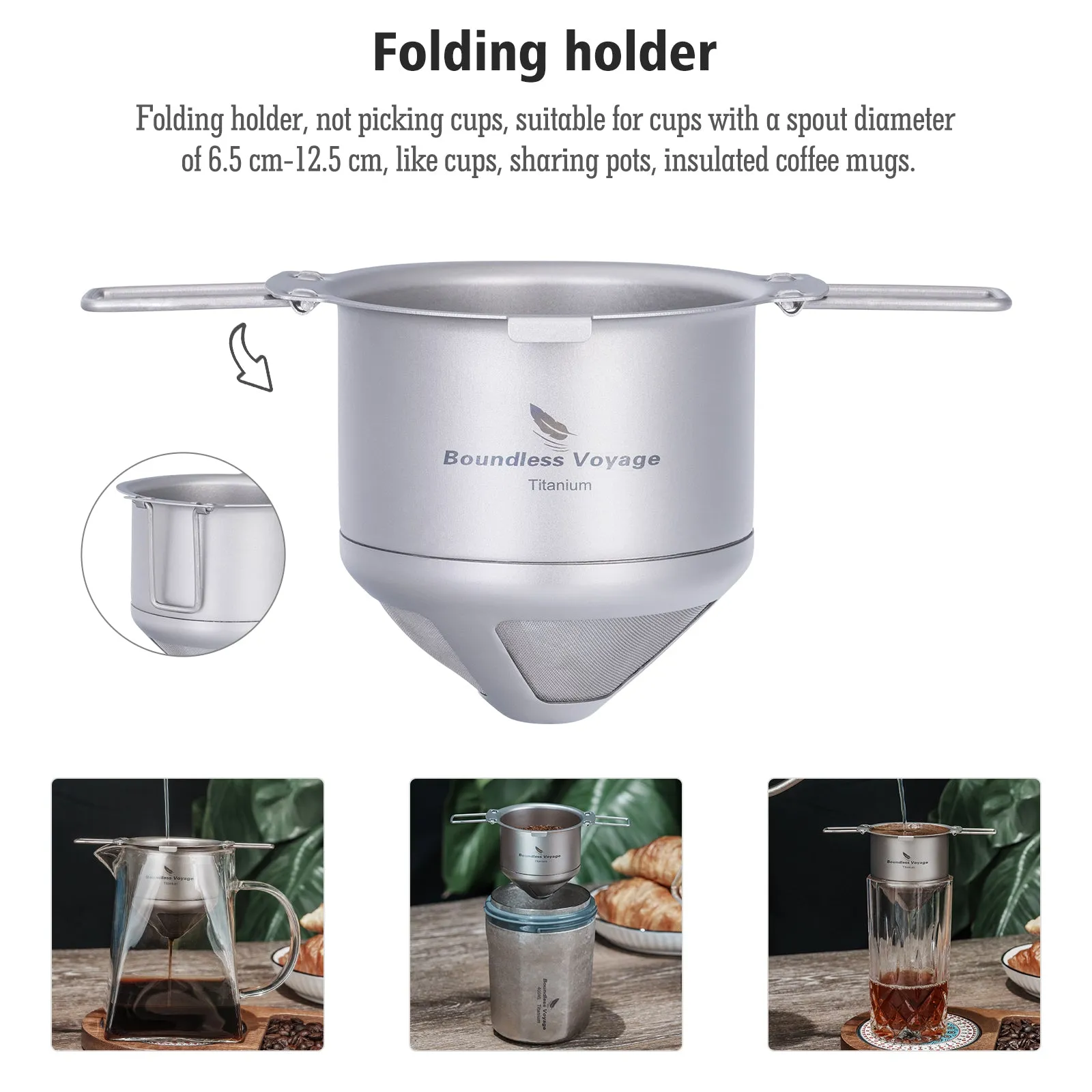 Boundless Voyage Titanium Coffee Drip Filter Hand Brewed Coffee Filters Ultralight Portable Folding Hanging Ear Mini Hand Brewed Coffee Filter ( Suitable for Mugs with a Diameter of 6.5 cm-12.5 cm )