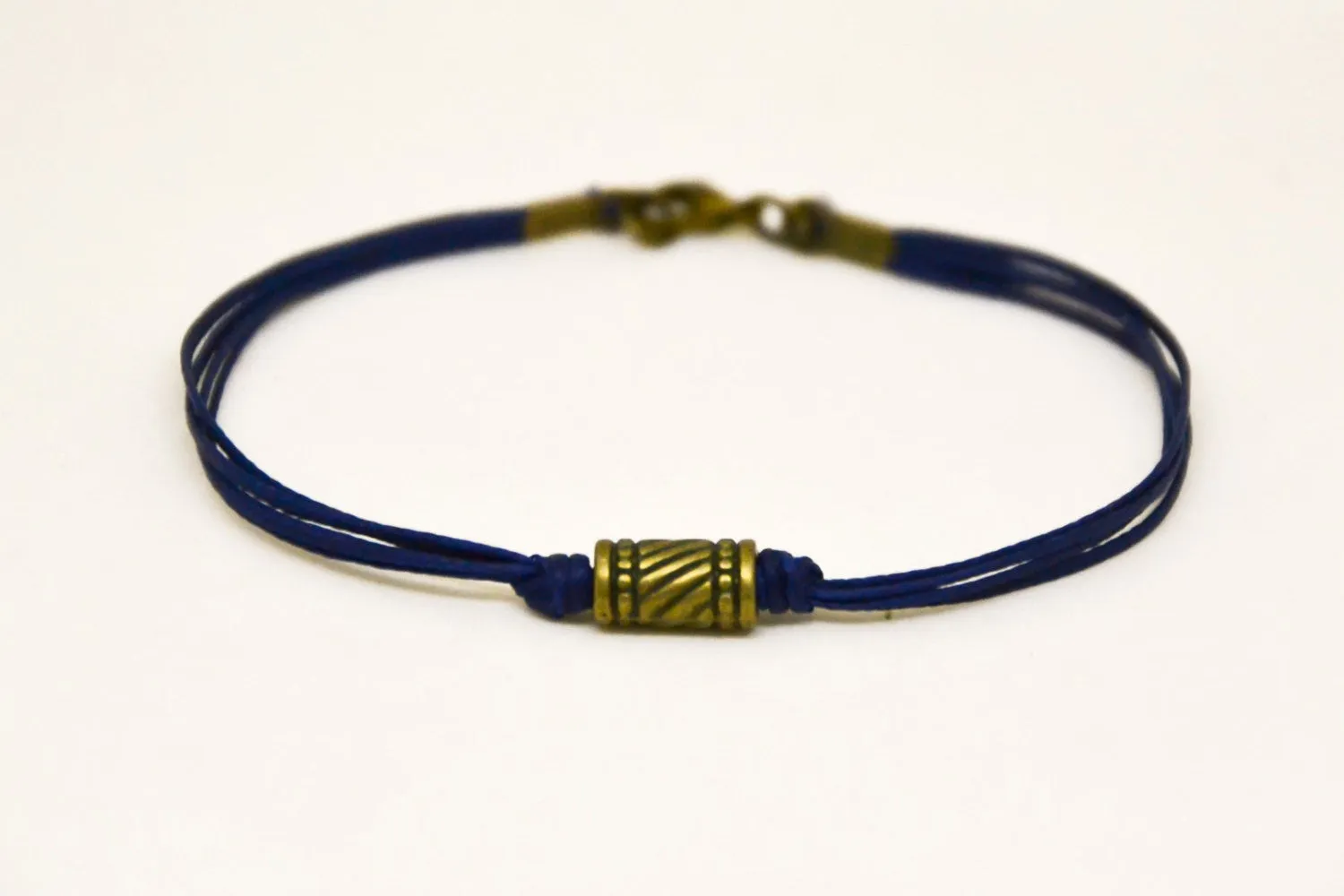 Bronze bead bracelet for men, blue string, minimalist jewelry for him, custom handmade gift