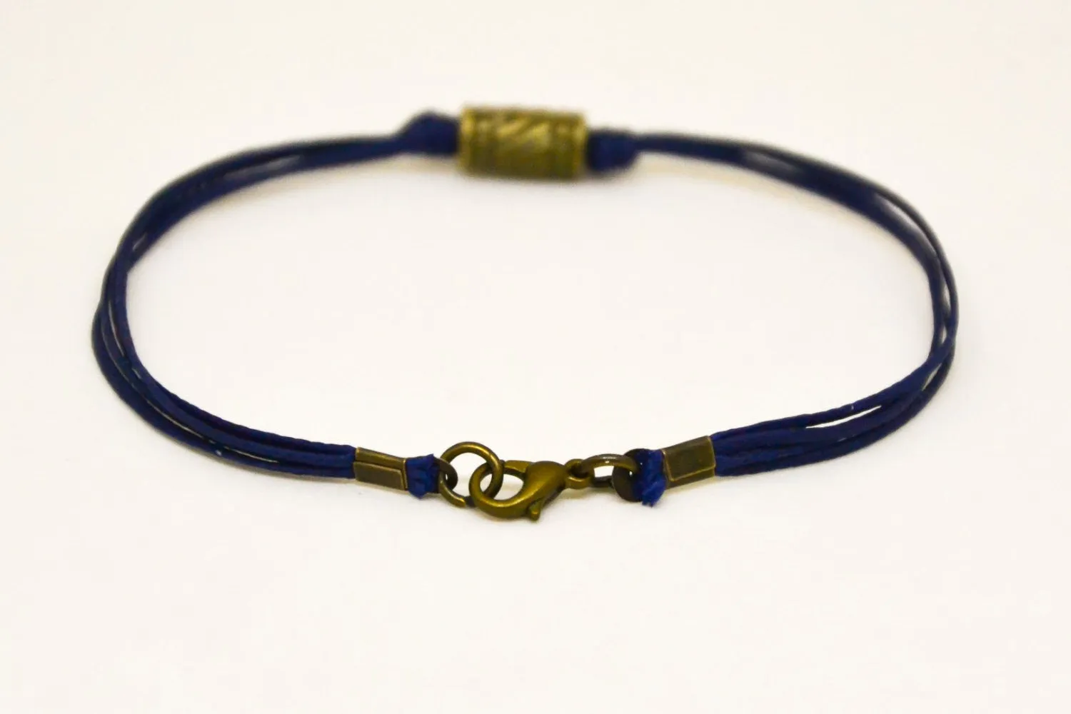 Bronze bead bracelet for men, blue string, minimalist jewelry for him, custom handmade gift