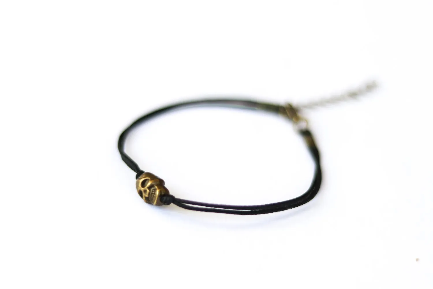 Bronze skull bead bracelet, black string, gift for her, adjustable bracelet