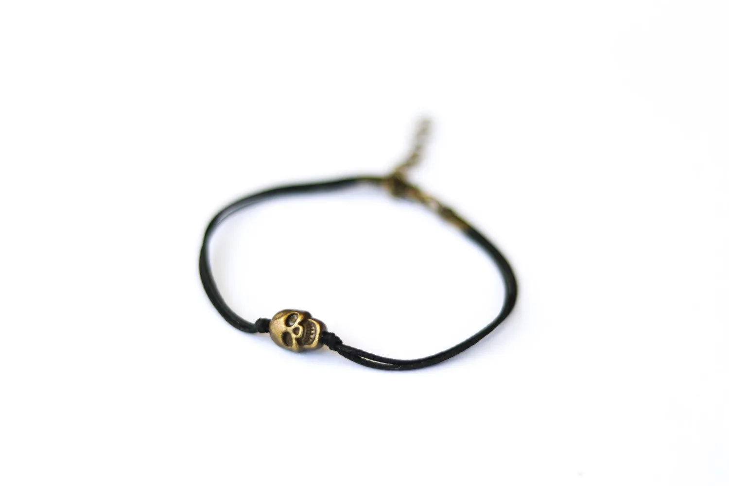 Bronze skull bead bracelet, black string, gift for her, adjustable bracelet