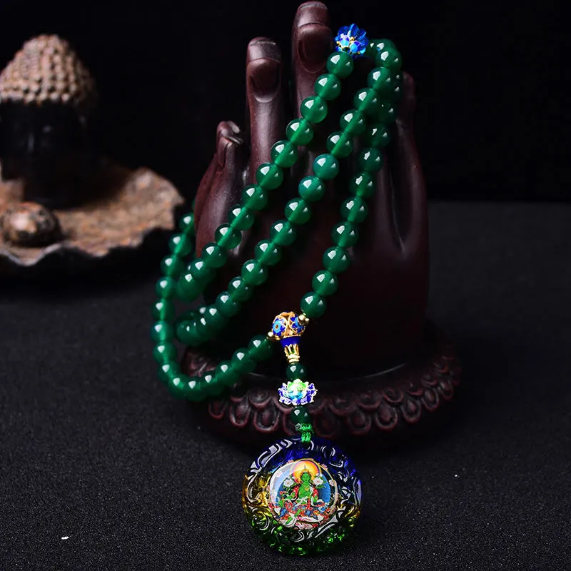 Buddha Stones 108 Mala Beads Natural Green Agate Bodhisattva Green Tara Manifestation Charm Bracelet