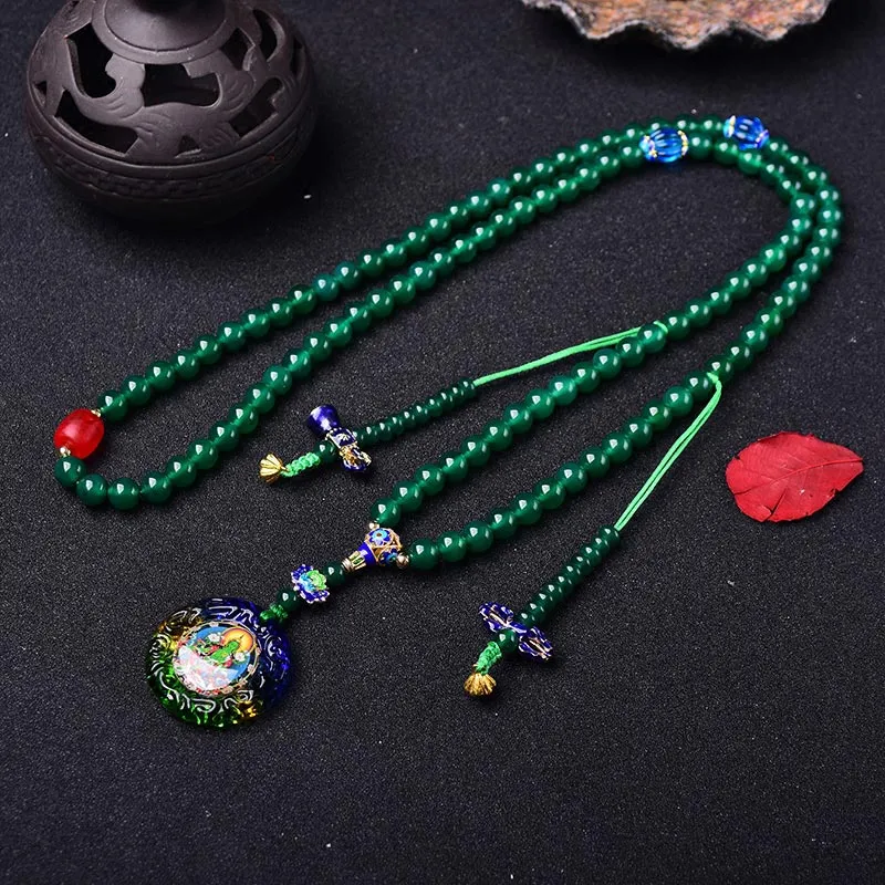 Buddha Stones 108 Mala Beads Natural Green Agate Bodhisattva Green Tara Manifestation Charm Bracelet