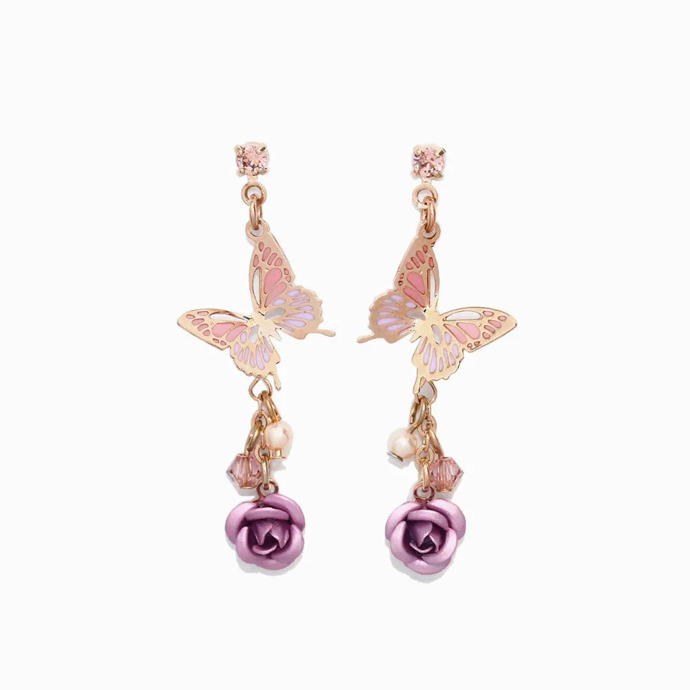 Butterfly and Rose Drop Earrings