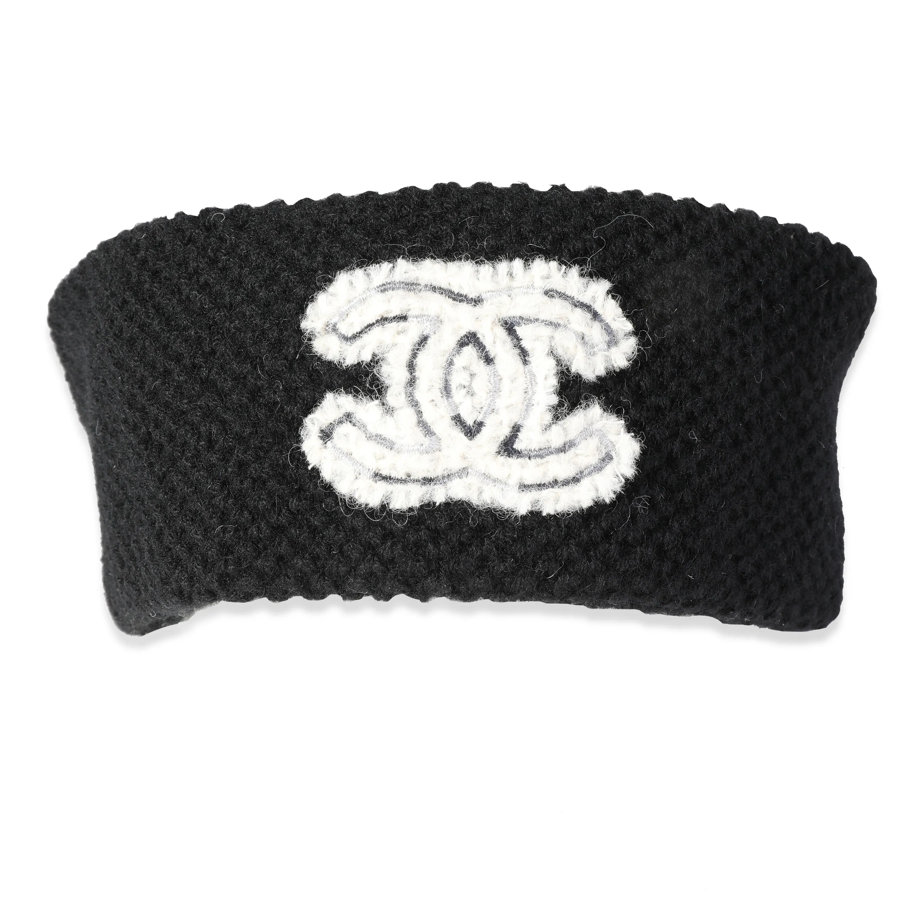 Chanel Black Knit Cashmere CC Patch Headband