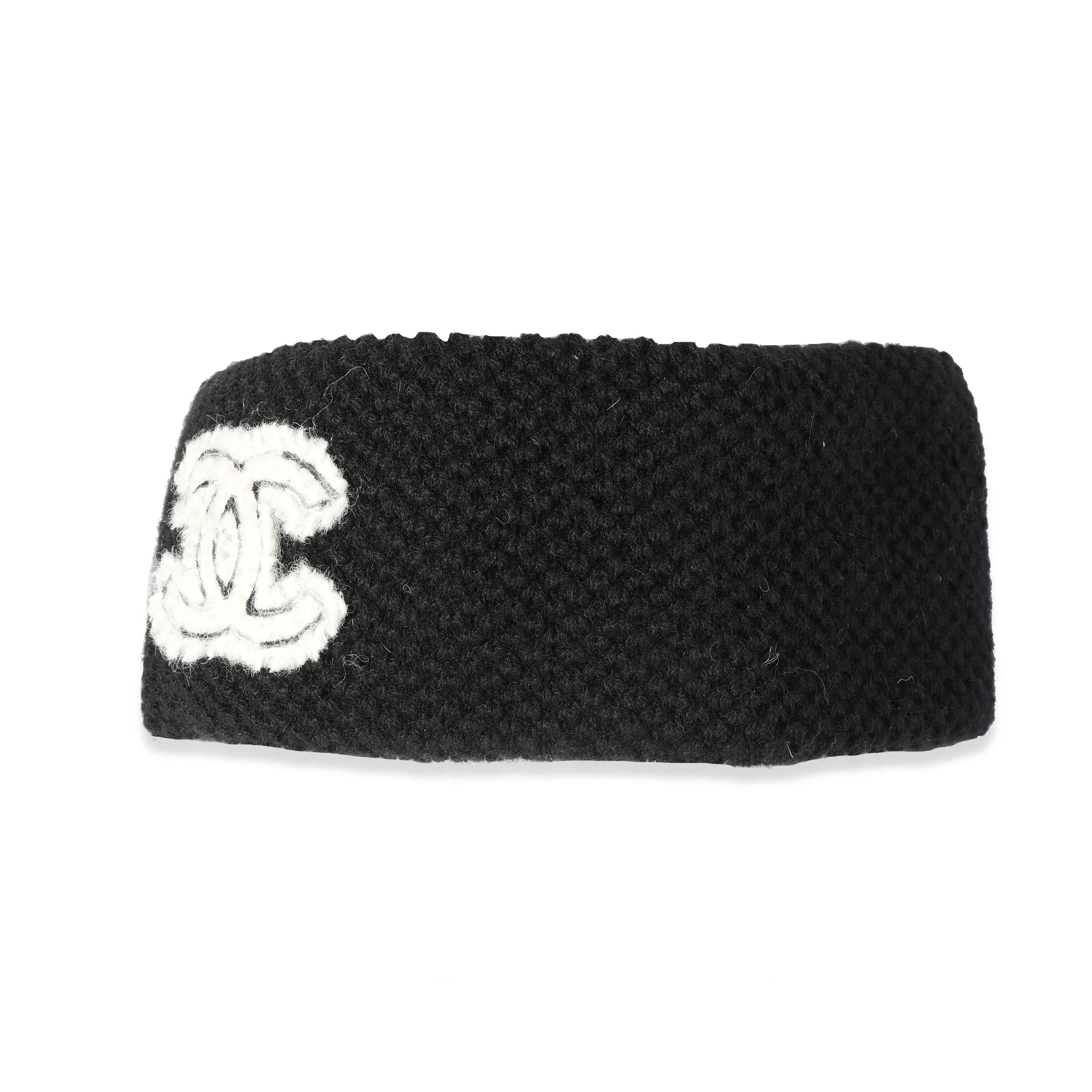 Chanel Black Knit Cashmere CC Patch Headband