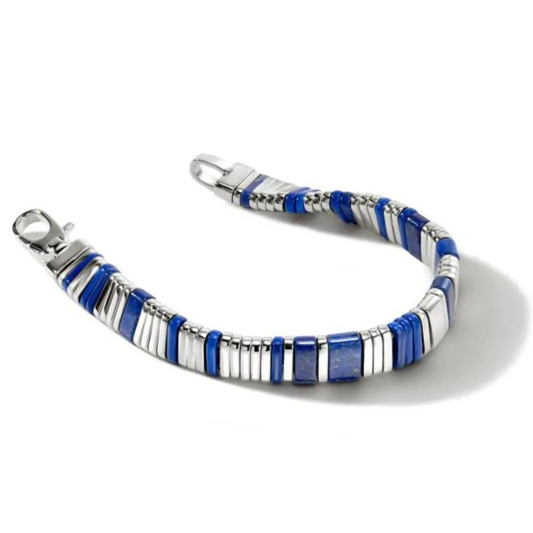 Colorblock Silver 5mm Bracelet with Lobster Clasp with Lapis Lazuli, Blue Lace Agate, & Blue Enamel by John Hardy