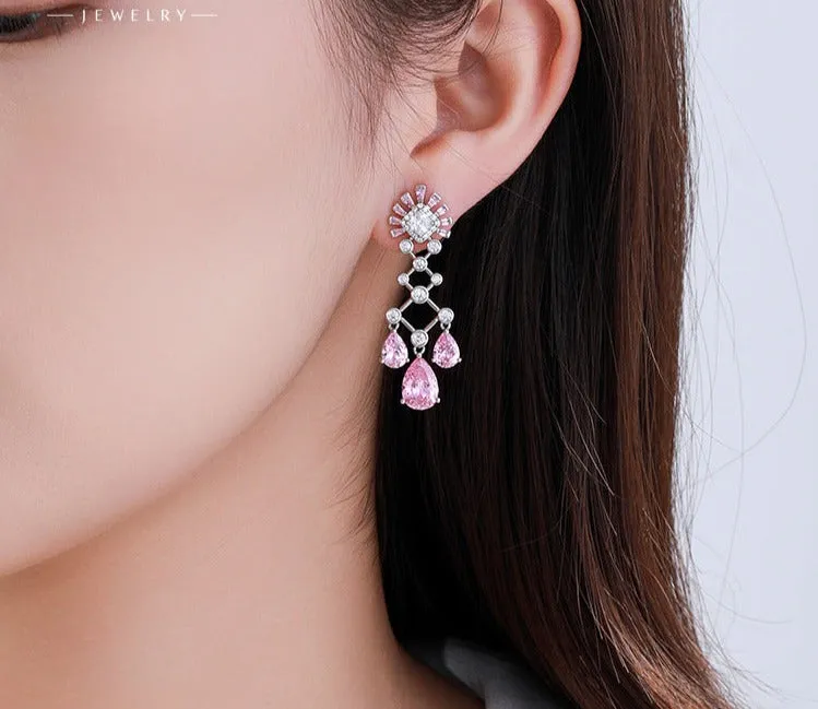 Colorful Series Sweetheart Party Sparkling Tassel Pink Water Drop Earrings Sweet and Cute Girly Earrings