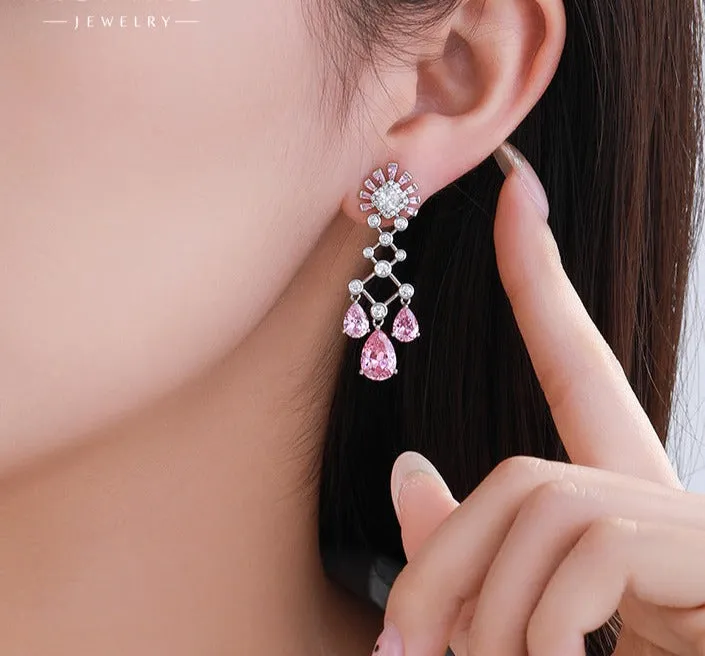 Colorful Series Sweetheart Party Sparkling Tassel Pink Water Drop Earrings Sweet and Cute Girly Earrings