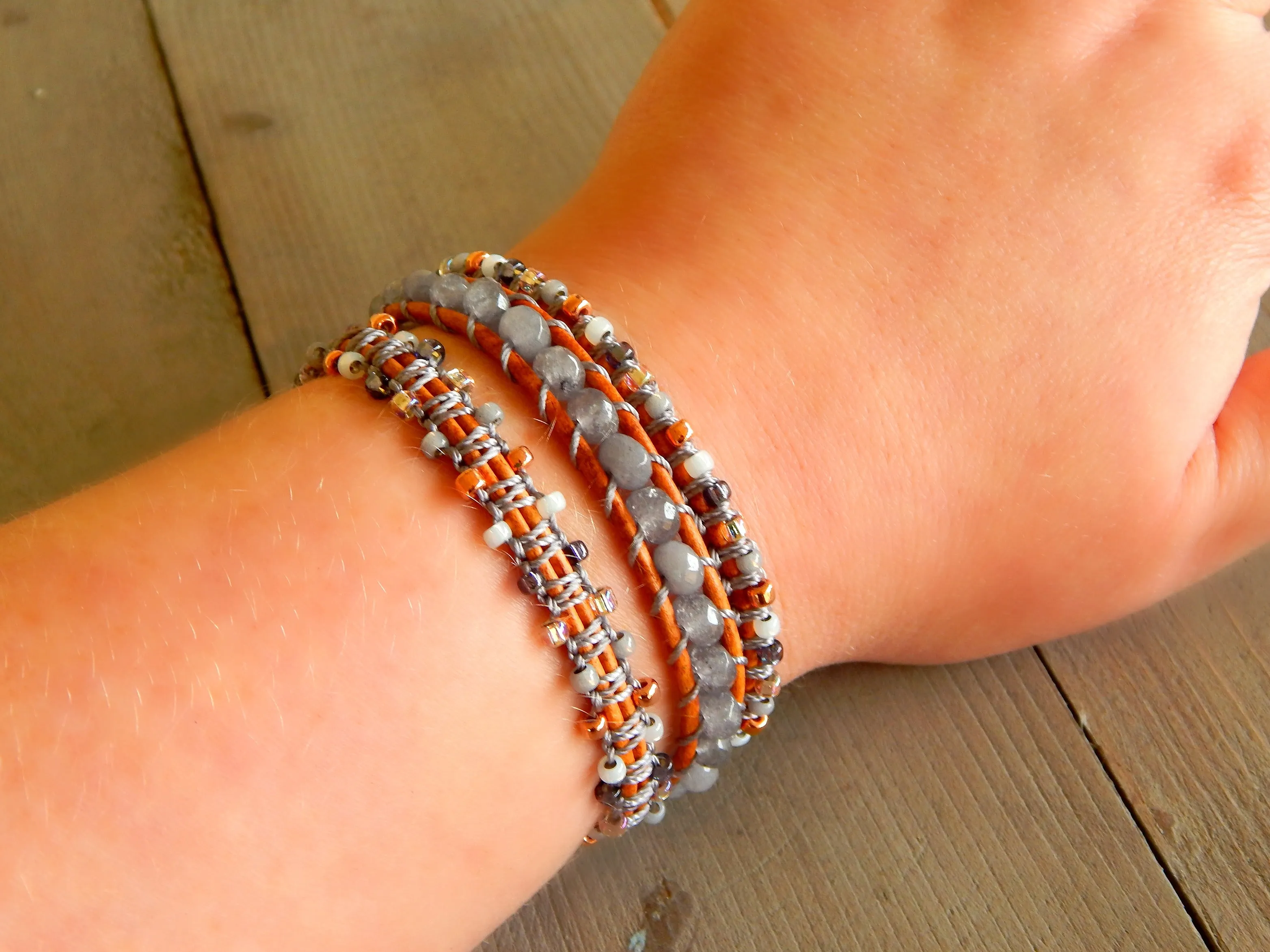 Copper Navy Blush Gray Agate and Beaded Macrame 3x wrap bracelet