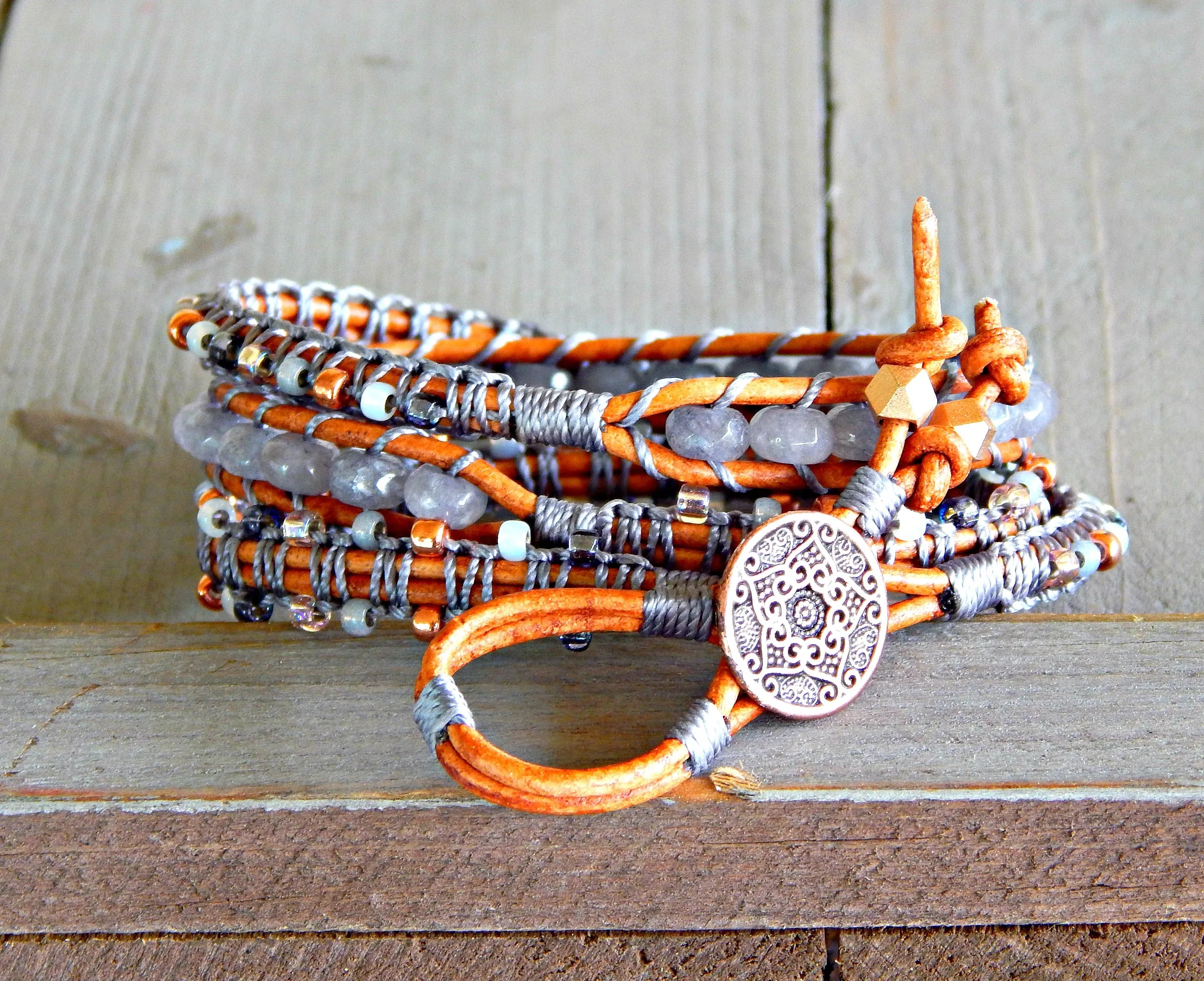 Copper Navy Blush Gray Agate and Beaded Macrame 3x wrap bracelet